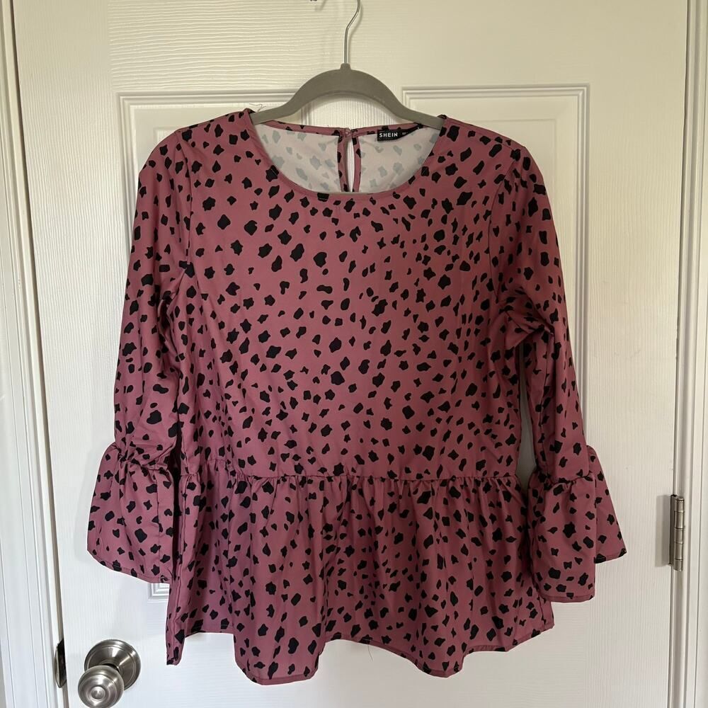Abstract Animal Print Peplum Blouse Pink Black Small